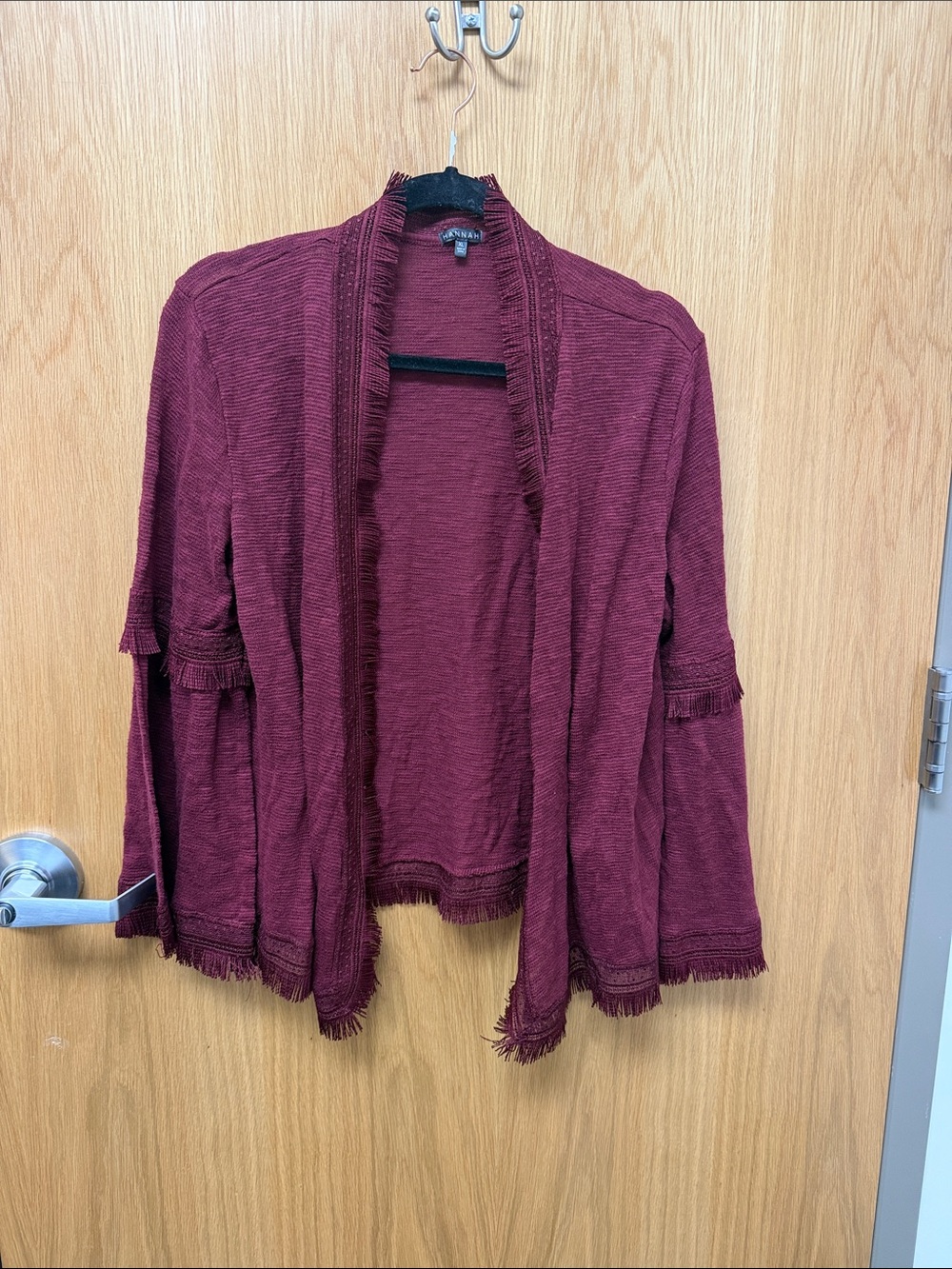 Hannah Open-Front Cotton Blend Burgundy Fringe Trim Boho Western Cardigan